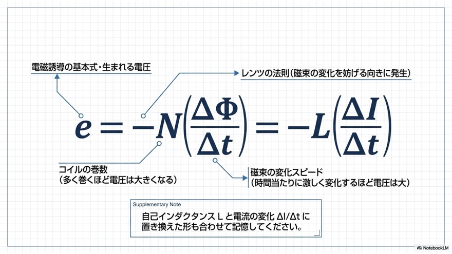 電磁誘導の基本式｜e＝-N(ΔΦ/Δt)