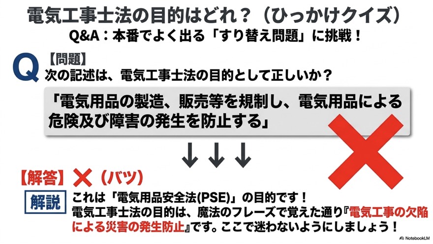 ひっかけクイズ（電気工事士法の目的はどれか）