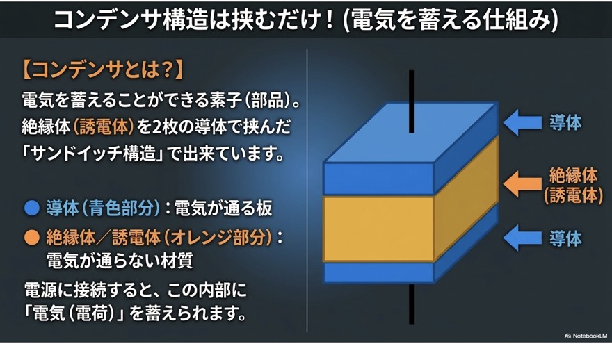 コンデンサの構造（絶縁体を2枚の導体で挟む）