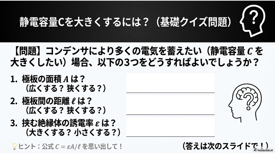 静電容量Cを大きくするには？（クイズ）