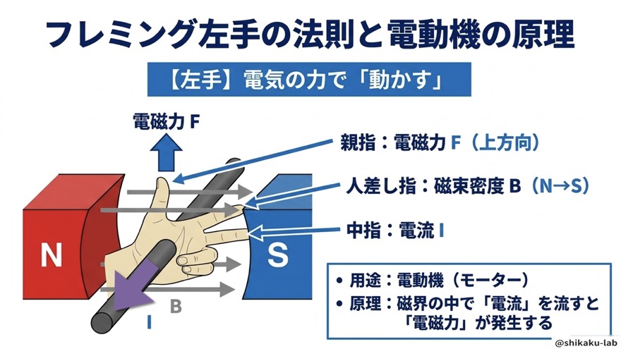 フレミング左手の法則と電動機の原理（中指・人差し指・親指の役割）