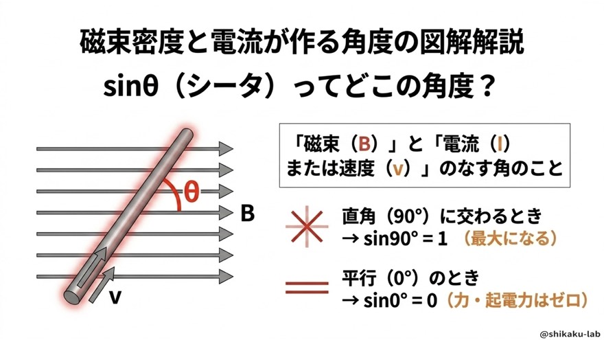 sinθ（サインシータ）とはどこの角度か（直角で最大・平行でゼロ）