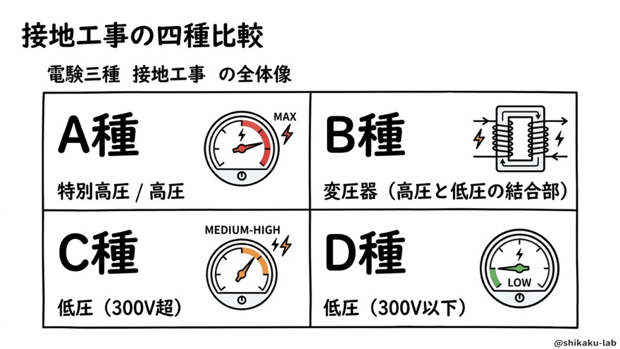 接地工事の四種比較（A・B・C・D種の全体像）
