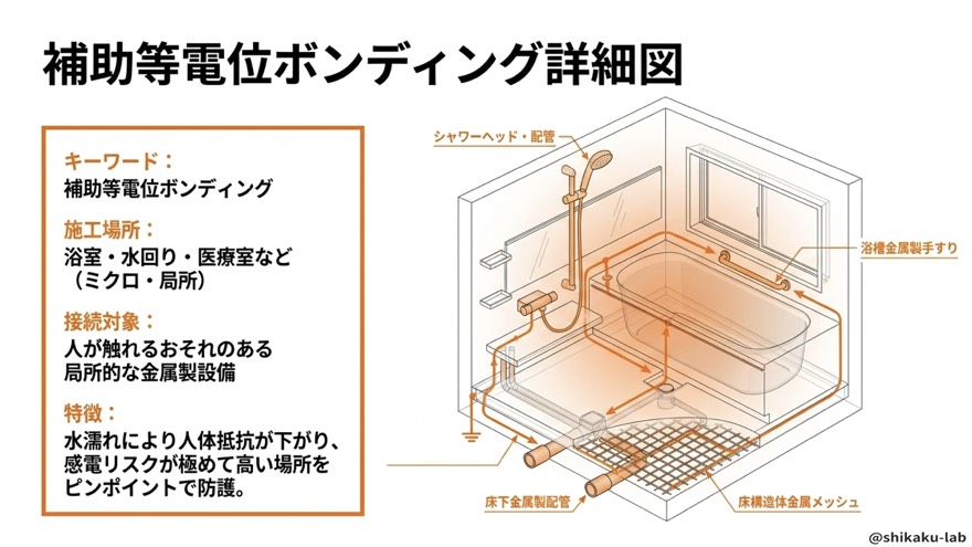 補助等電位ボンディング詳細図（浴室・水回りの局所施工）