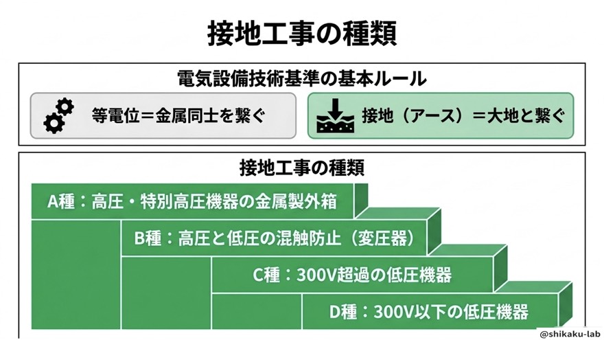 接地工事の種類（A種・B種・C種・D種の概要）