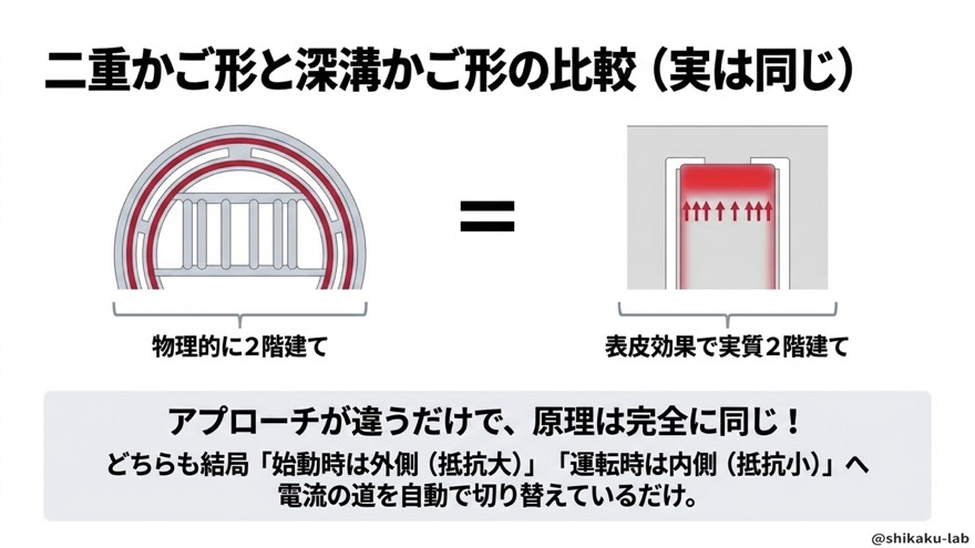 二重かご形と深溝かご形の比較（原理は完全に同じ）