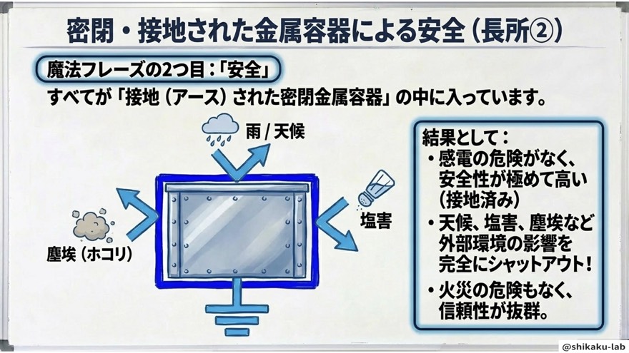 密閉・接地された金属容器による安全（長所②）