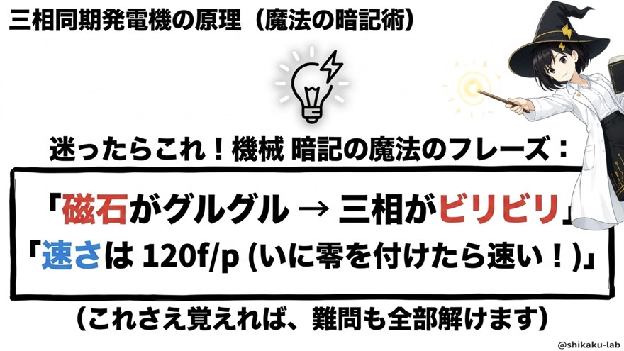三相同期発電機の原理（魔法の暗記術）