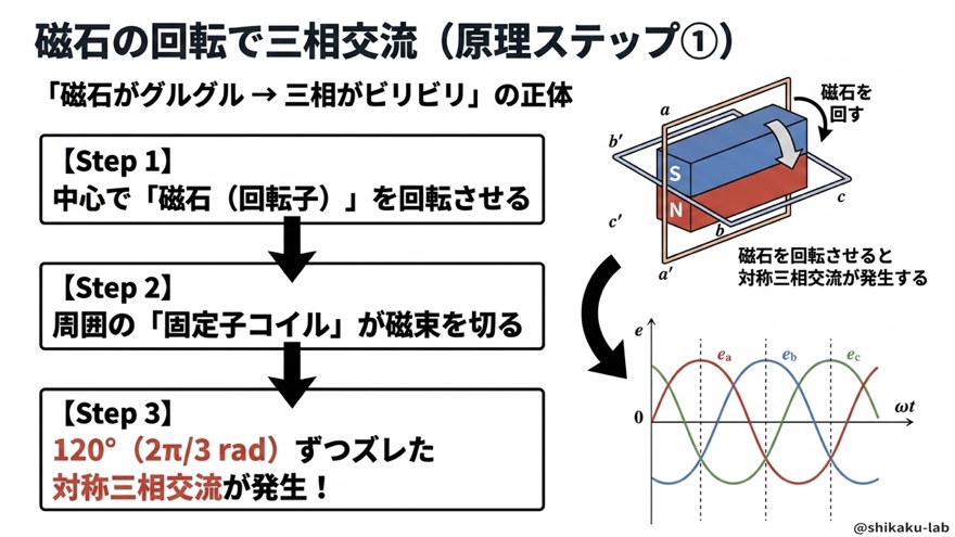 磁石の回転で三相交流（原理ステップ①）