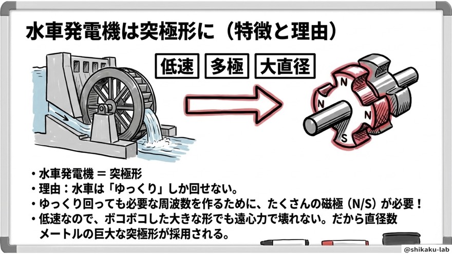 水車発電機は突極形に（低速・多極・大直径）