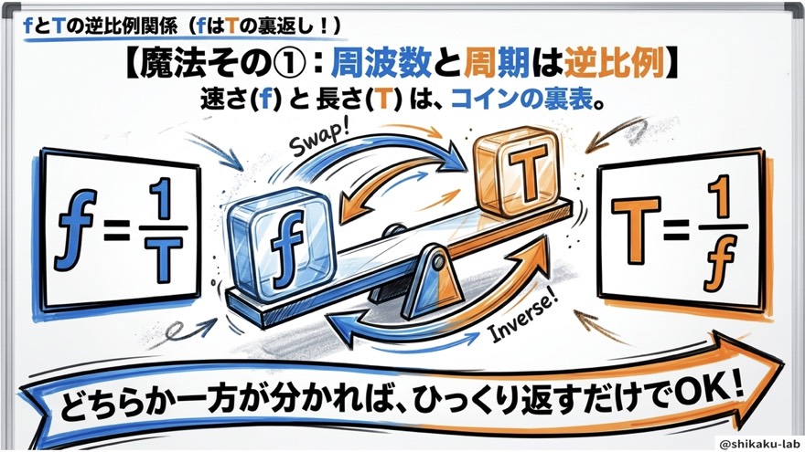 fとTの逆比例関係（fはTの裏返し）